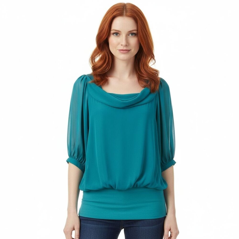 Marc Bouwer Turquoise Cowl Neck Balloon Sleeve Blouse Top S